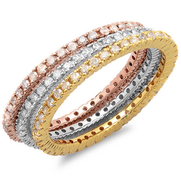 1.15 Carat (ctw) 14K White Yellow & Rose Gold Round White Diamond Ladies 3 Tone Eternity Wedding Anniversary Stackable Band 3 Pcs. Ring Set