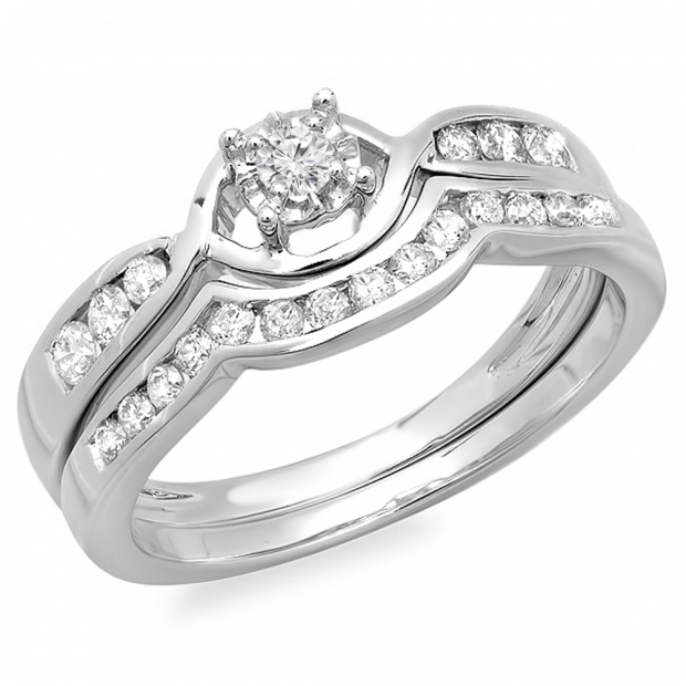 0.45 Carat (ctw) 10k White Gold Round White Diamond Ladies Crossover Swirl Bridal Engagement Ring With Matching Band Set 1/2 CT