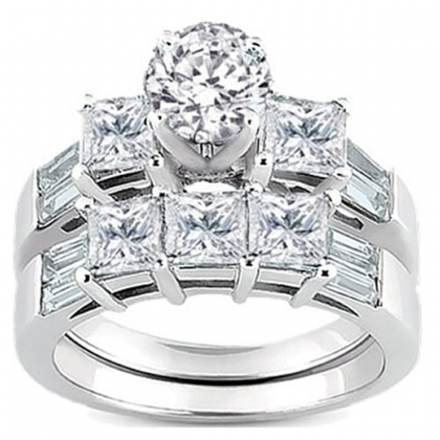 3.10 Carat (ctw) 10k White Gold Round Princess & Baguette Cut Diamond Ladies Bridal 3 Stone Engagement Ring With Matching Wedding Band Set 3 1/10 CT