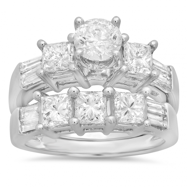 3.10 Carat (ctw) 14k White Gold Round Princess & Baguette Cut Diamond Ladies Bridal 3 Stone Engagement Ring With Matching Wedding Band Set 3 1/10 CT
