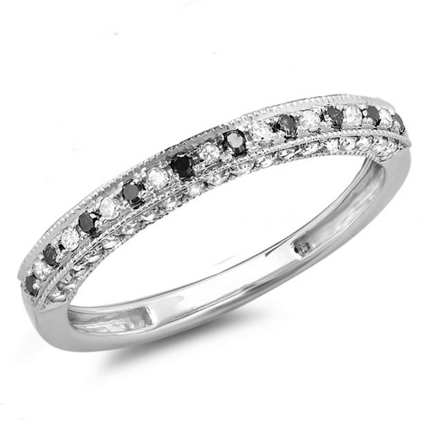 0.40 Carat (ctw) 10K White Gold Round Black & White Diamond Ladies Stackable Anniversary Wedding Band Enhancer Guard Ring