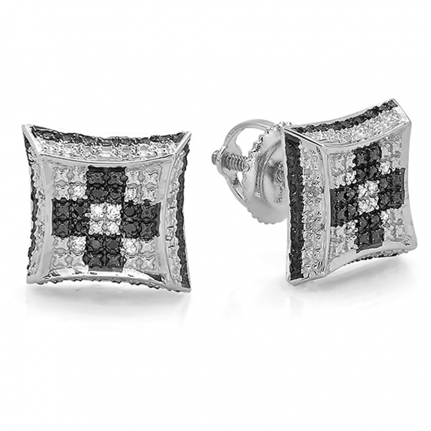 0.10 Carat (ctw) Sterling Silver Round White & Black Diamond Chess Setting Kite Shape Stud Earrings 1/10 CT