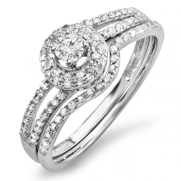 0.48 Carat (ctw) 10k White Gold Round Cut Diamond Ladies Bridal Split Shank Halo Style Engagement Ring Set With Matching Band 1/2 CT