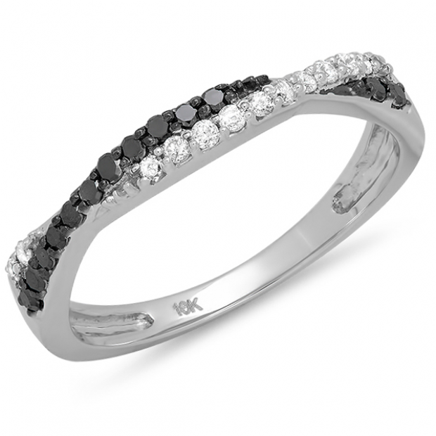 0.30 Carat (ctw) 10K White Gold Round Black & White Diamond Ladies Anniversary Wedding Band Swirl Stackable Ring 1/3 CT