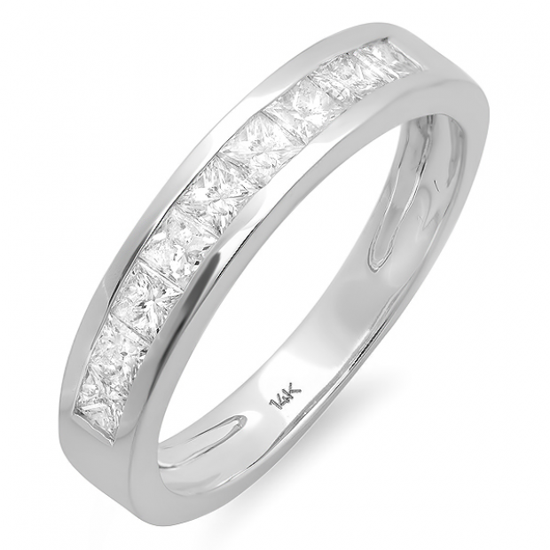 0.90 Carat (ctw) 14K White Gold Princess Cut Diamond Ladies Anniversary Wedding Band Stackable Ring