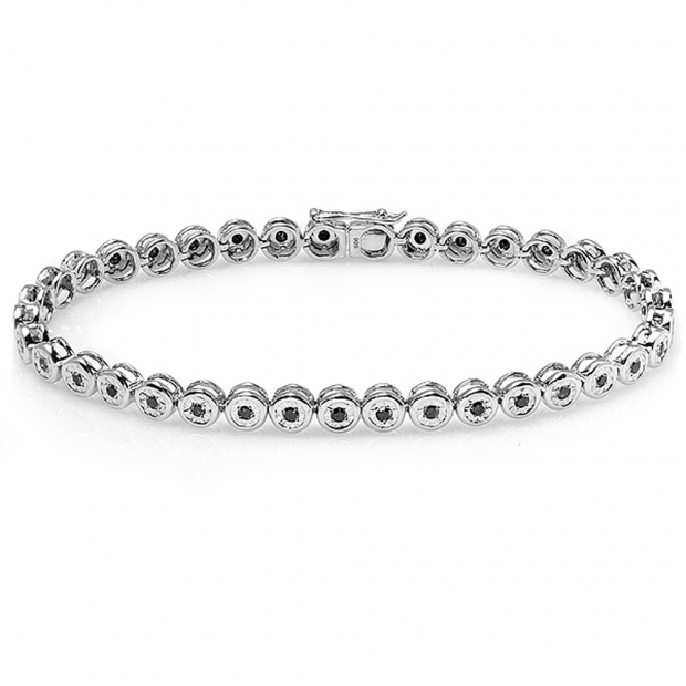 0.95 Carat (ctw) Sterling Silver Real Round Cut Black Diamond Ladies Tennis Bracelet 1 CT