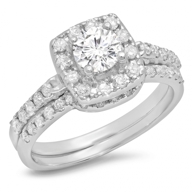 1.10 Carat (ctw) 14K White Gold Round Cut Diamond Ladies Bridal Halo Style Engagement Ring With Matching Band 1 CT