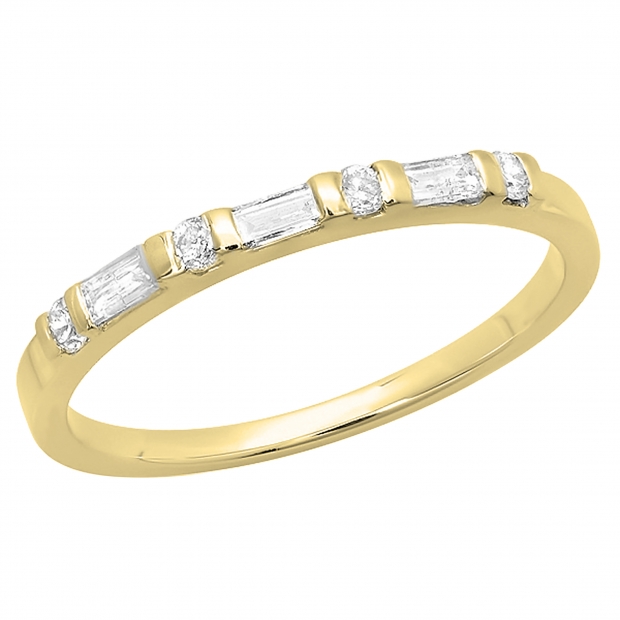 0.20 Carat (ctw) 10K Yellow Gold Round and Baguette Cut Diamond Ladies Anniversary Wedding Band Stackable Ring 1/5 CT