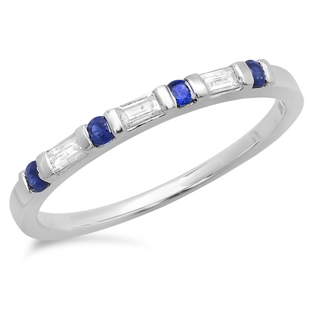0.25 Carat (ctw) 10K White Gold Round Blue Sapphire and White Baguette Cut Diamond Ladies Anniversary Wedding Band Stackable Ring 1/4 CT