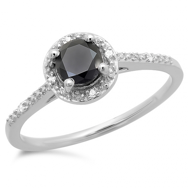 0.60 Carat (ctw) 14K White Gold Round Cut Black & White Diamond Ladies Bridal Engagement Halo Style Ring