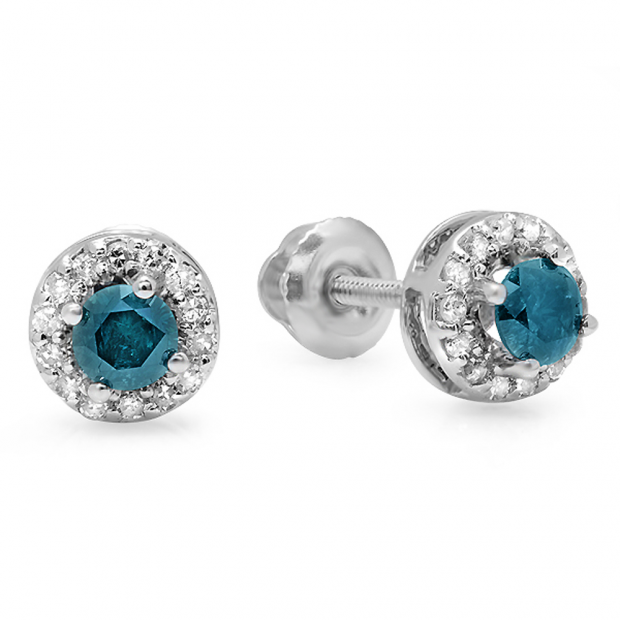 0.45 Carat (ctw) 10K White Gold Round Blue & White Diamond Ladies Halo Style Stud Earrings 1/2 CT