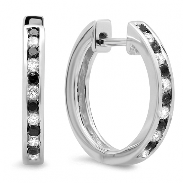 0.33 Carat (ctw) 14K White Gold Round Cut Black & White Diamond Ladies Huggie Hoop Earrings 1/3 CT