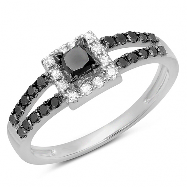 0.60 Carat (ctw) 10K White Gold Princess & Round Cut Black & White Diamond Ladies Bridal Split Shank Halo Style Engagement Ring