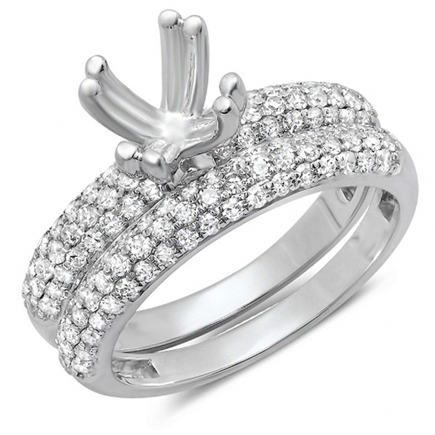 0.90 Carat (ctw) 14K White Gold Round Cut Diamond Ladies Bridal Semi Mount Engagement Ring With Matching Band Set (No Center Stone)