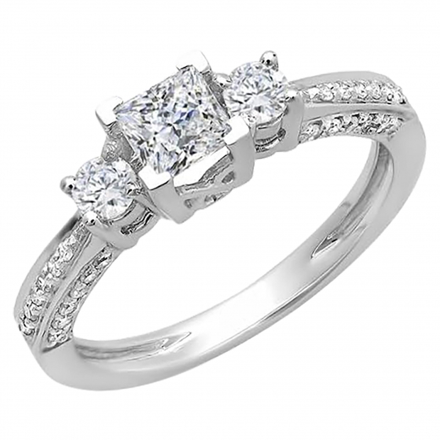 1.00 Carat (ctw) 14K White Gold Side Round & Center Princess Cut Diamond Ladies Bridal Engagement 3 Stone Ring 1 CT