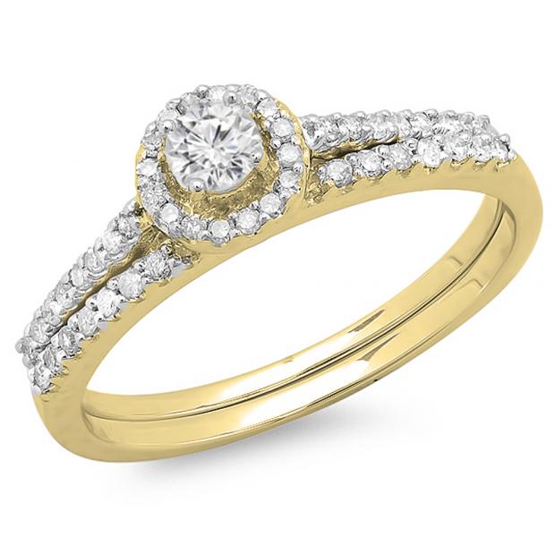 0.65 Carat (ctw) 10K Yellow Gold Round Diamond Ladies Bridal Engagement Halo Ring With Matching Band Set