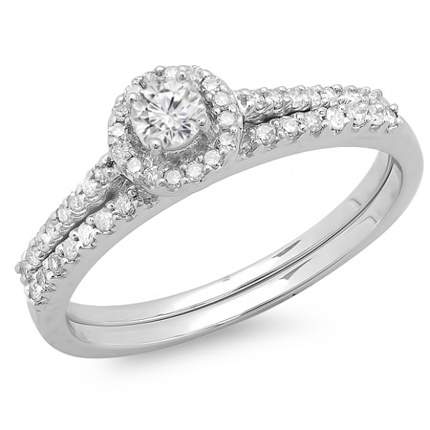 0.65 Carat (ctw) 14K White Gold Round Diamond Ladies Bridal Engagement Halo Ring With Matching Band Set
