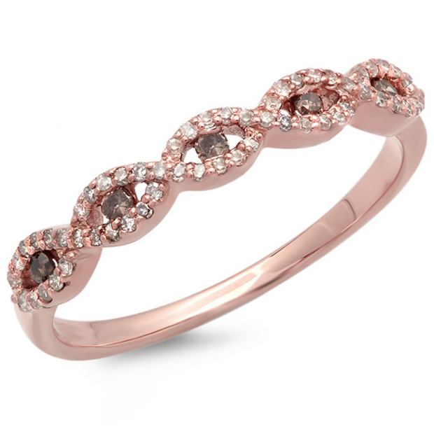 0.25 Carat (ctw) 14K Rose Gold Round Champagne & White Diamond Ladies Bridal Stackable Anniversary Wedding Band Swirl Ring 1/4 CT