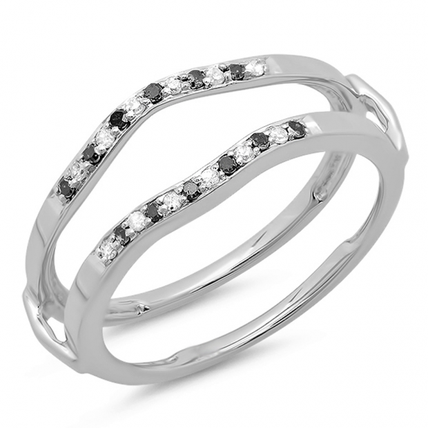 0.15 Carat (ctw) 14K White Gold Round White & Black Diamond Ladies Anniversary Wedding Band Guard Double Ring
