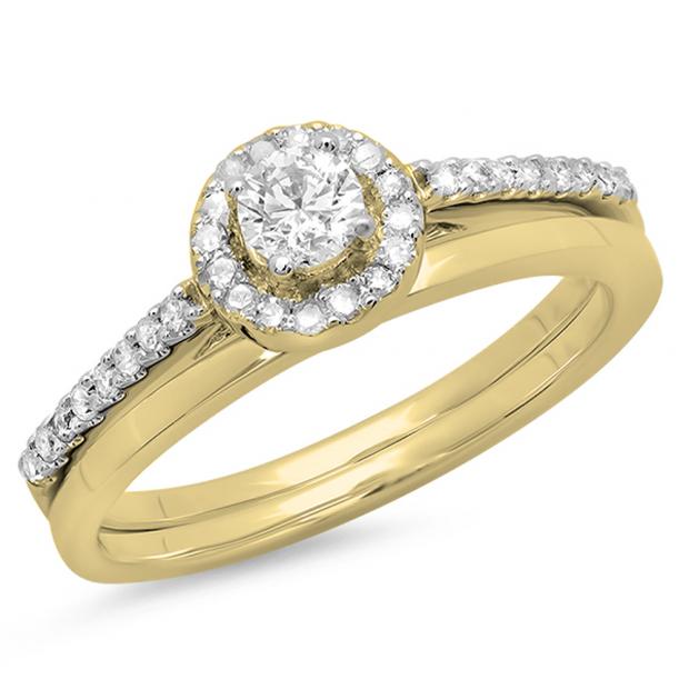 0.50 Carat (ctw) 18K Yellow Gold Round Diamond Ladies Bridal Engagement Halo Ring With Matching Band Set 1/2 CT