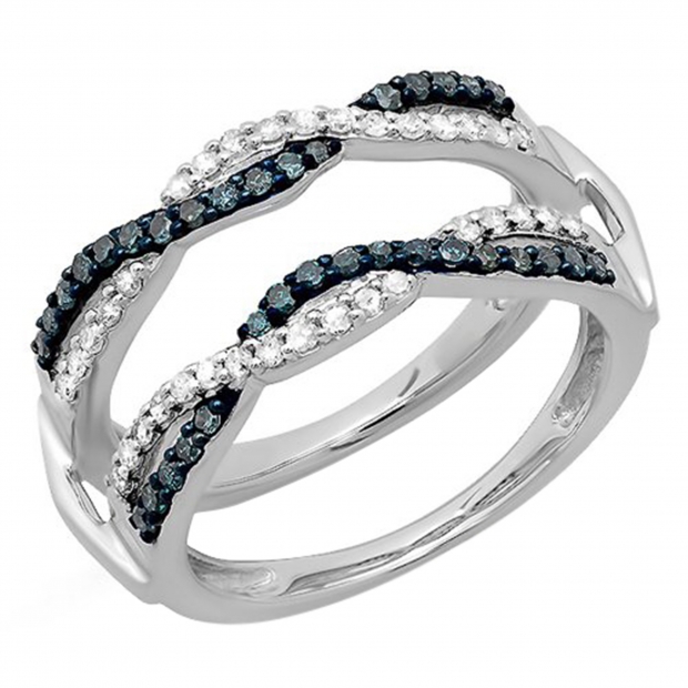 0.55 Carat (ctw) 18K White Gold Round White & Blue Diamond Ladies Swirl Style Anniversary Wedding Band Guard Double Ring 1/2 CT