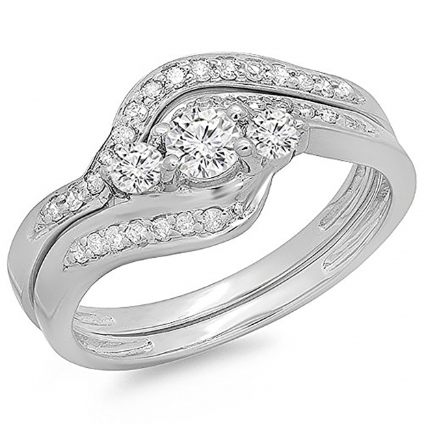 0.60 Carat (ctw) 14K White Gold Real Round Diamond Ladies Swirl Style Bridal 3 Stone Engagement Ring With Matching Band Set
