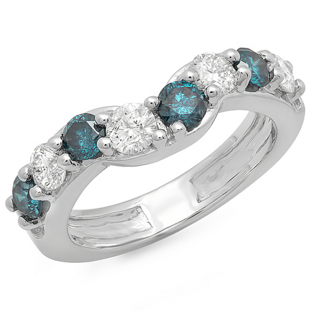 1.00 Carat (ctw) 10K White Gold Round Alternate White & Blue Diamond Ladies Anniversary Wedding Band Matching Ring 1 CT