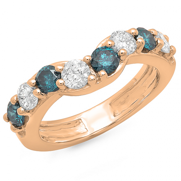 1.00 Carat (ctw) 14K Rose Gold Round Alternate White & Blue Diamond Ladies Anniversary Wedding Band Matching Ring 1 CT