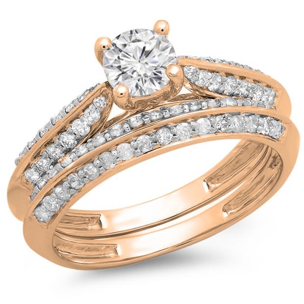1.00 Carat (ctw) 10K Rose Gold Round Diamond Ladies Bridal Engagement Ring With Matching Band Set 1 CT