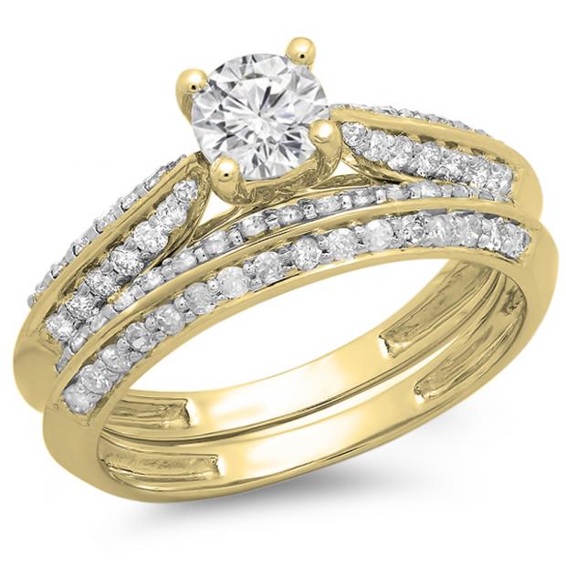 1.00 Carat (ctw) 10K Yellow Gold Round Diamond Ladies Bridal Engagement Ring With Matching Band Set 1 CT