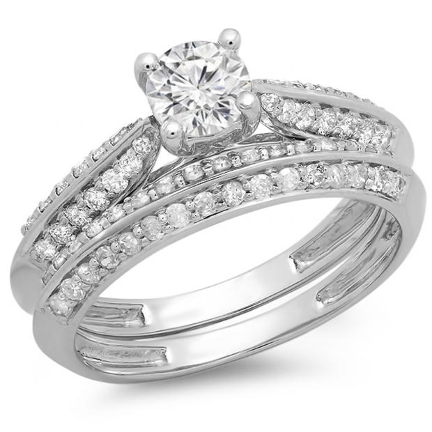 1.00 Carat (ctw) 18K White Gold Round Diamond Ladies Bridal Engagement Ring With Matching Band Set 1 CT
