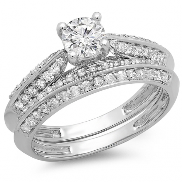 1.00 Carat (ctw) 14K White Gold Round Diamond Ladies Bridal Engagement Ring With Matching Band Set 1 CT