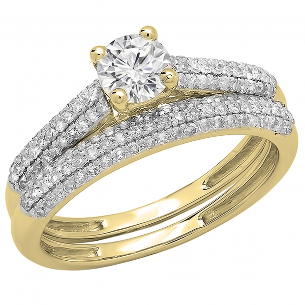 1.00 Carat (ctw) 10K Yellow Gold Round Diamond Ladies Bridal Engagement Ring With Matching Band Set 1 CT