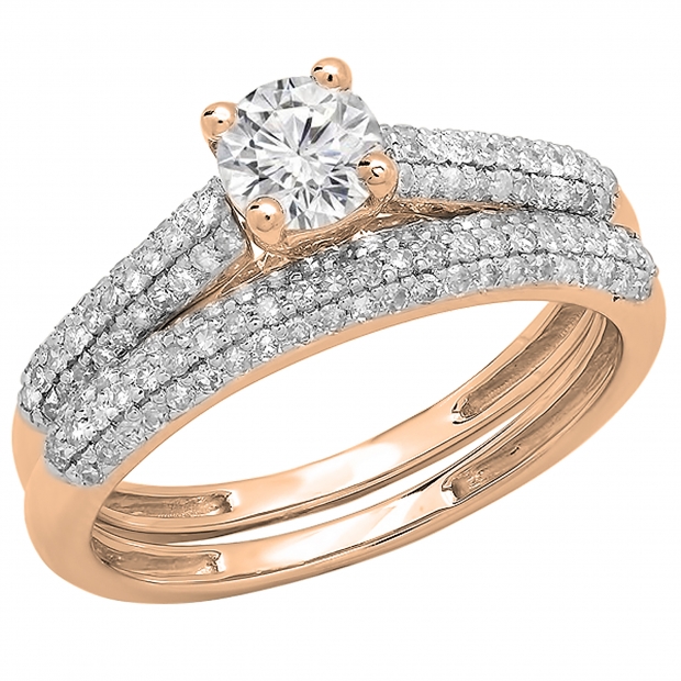 1.00 Carat (ctw) 14K Rose Gold Round Diamond Ladies Bridal Engagement Ring With Matching Band Set 1 CT