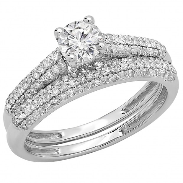 1.00 Carat (ctw) 14K White Gold Round Diamond Ladies Bridal Engagement Ring With Matching Band Set 1 CT