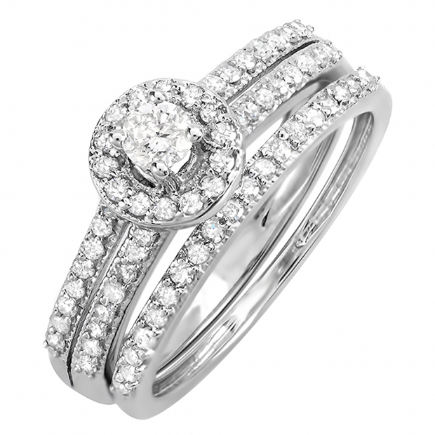 0.65 Carat (ctw) 10K White Gold Round Diamond Ladies Bridal Engagement Halo Ring With Matching Band Set