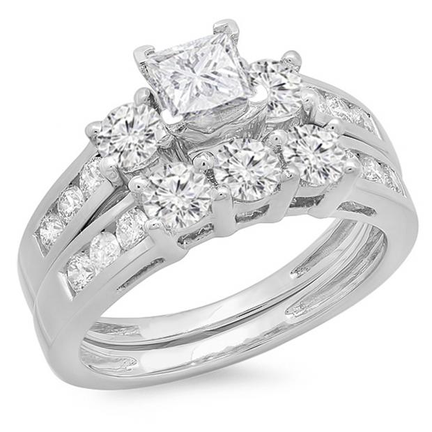 IGI CERTIFIED 1.90 Carat (ctw) 14K White Gold Princess & Round Diamond Ladies 3 Stone Bridal Engagement Ring With Matching Band Set
