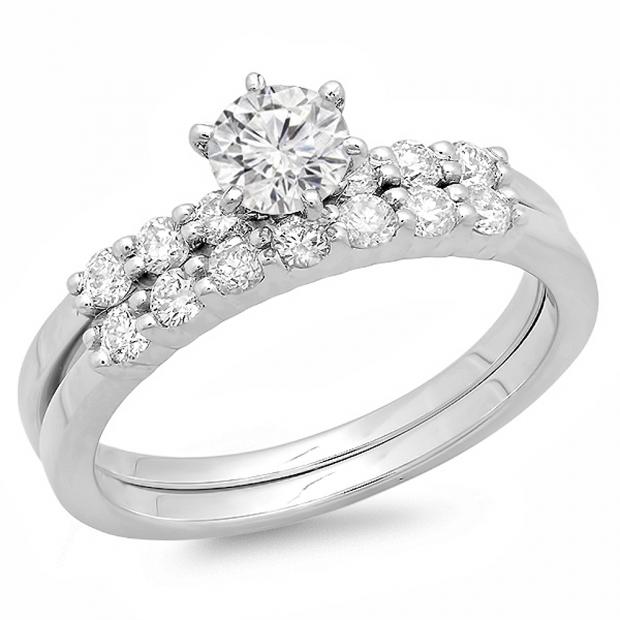 1.00 Carat (ctw) 14K White Gold Round Diamond Ladies Bridal Engagement Ring With Matching Band 1 CT