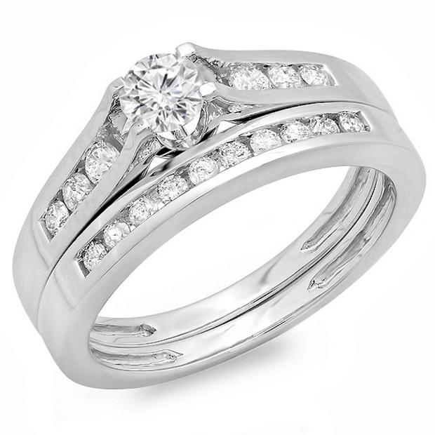 0.75 Carat (ctw) 14k White Gold Round Diamond Ladies Bridal Engagement Ring Matching Band Set 3/4 CT