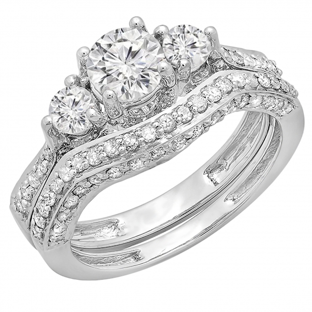 1.75 Carat (ctw) 14k White Gold Round Diamond Ladies Vintage 3 Stone Bridal Engagement Ring Set 1 3/4 CT