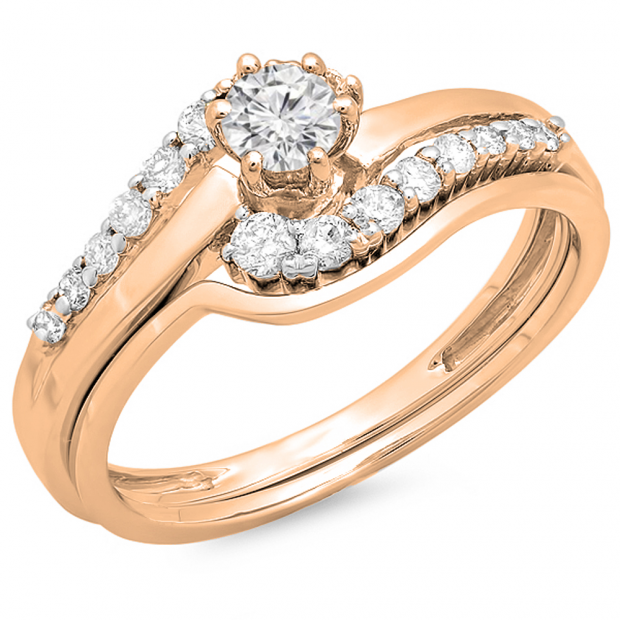 0.55 Carat (ctw) 14K Rose Gold Round Diamond Ladies Twisted Style Bridal Engagement Ring With Matching Band Set 1/2 CT