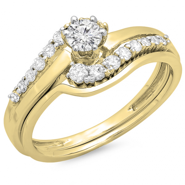 0.55 Carat (ctw) 14K Yellow Gold Round Diamond Ladies Twisted Style Bridal Engagement Ring With Matching Band Set 1/2 CT