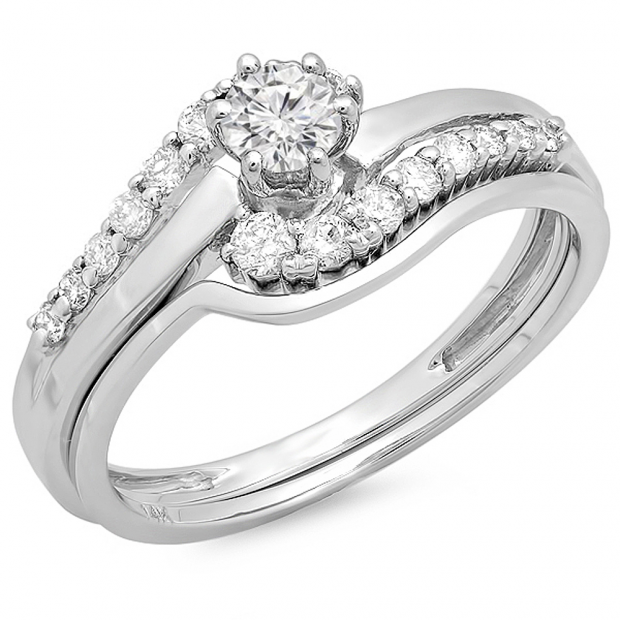 0.55 Carat (ctw) 18K White Gold Round Diamond Ladies Twisted Style Bridal Engagement Ring With Matching Band Set 1/2 CT