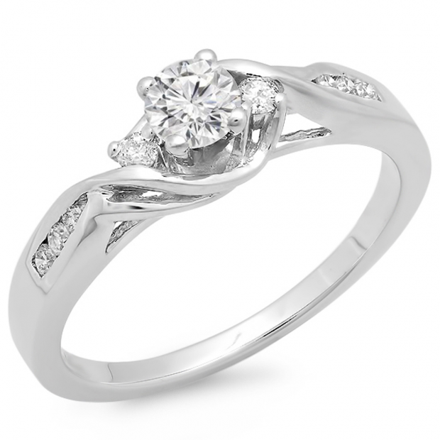 0.50 Carat (ctw) 14k White Gold Round Diamond Ladies Crossover Swirl 3 Stone Bridal Engagement Ring 1/2 CT