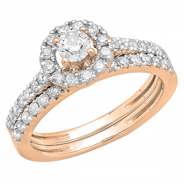 0.85 Carat (ctw) 18K Rose Gold Round Cut Diamond Ladies Bridal Halo Style Engagement Ring With Matching Band Set