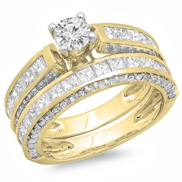 3.00 Carat (ctw) 10K Yellow Gold Princess & Round Diamond Ladies Bridal Engagement Ring Set With Matching Band 3 CT