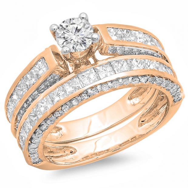 3.00 Carat (ctw) 18K Rose Gold Princess & Round Diamond Ladies Bridal Engagement Ring Set With Matching Band 3 CT