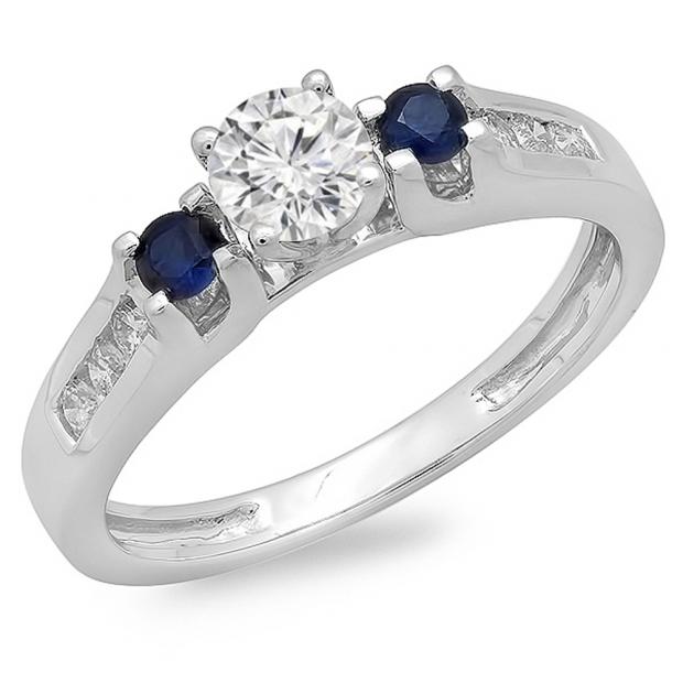 0.75 Carat (ctw) 14k White Gold Round White Diamond And Blue Sapphire Ladies Bridal 3 Stone Engagement Ring 3/4 CT