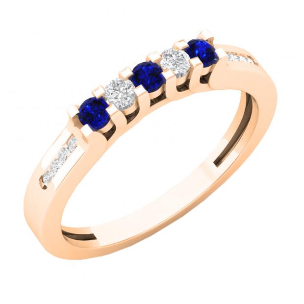 0.35 Carat (ctw) 10K Rose Gold Round Cut Blue Sapphire & White Diamond Ladies Anniversary Wedding Stackable Band Guard Ring 1/3 CT