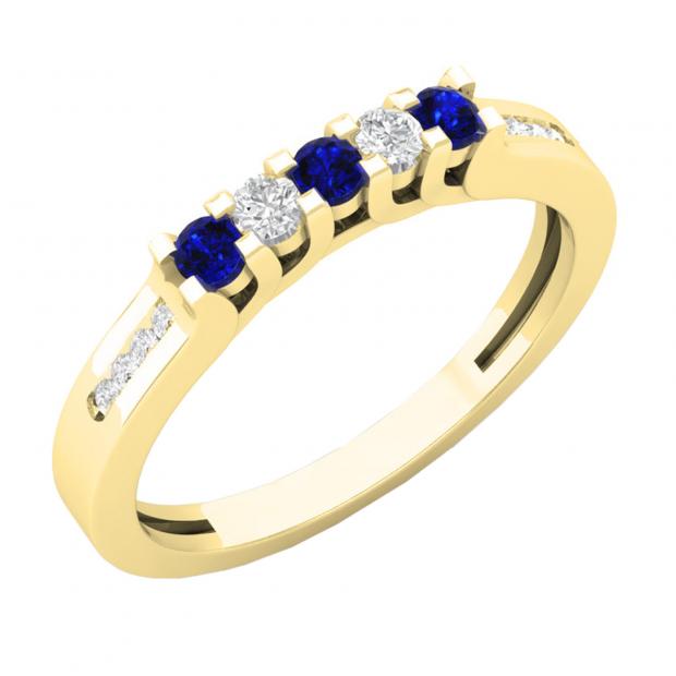 0.35 Carat (ctw) 10K Yellow Gold Round Cut Blue Sapphire & White Diamond Ladies Anniversary Wedding Stackable Band Guard Ring 1/3 CT